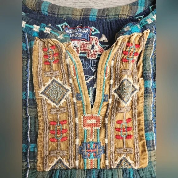 Johnny Was Workshop XL Blue Green Plaid Heavy Embroidery Aztec Western - Picture 3 of 16